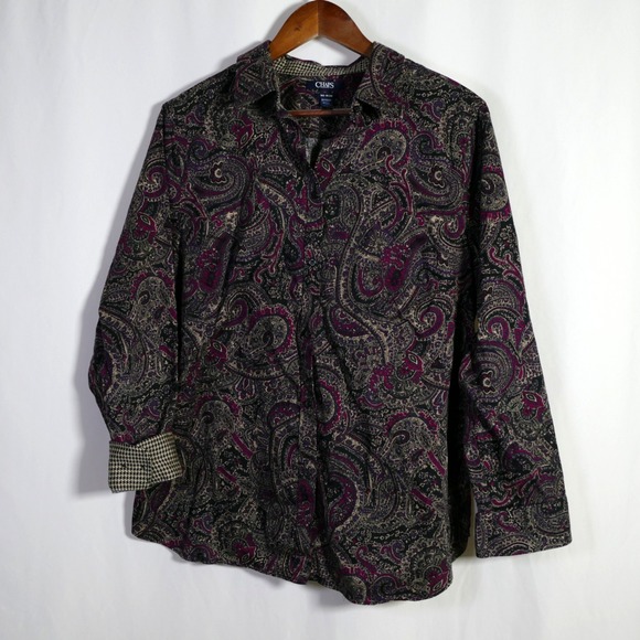 Chaps Tops - Chaps Womens No Iron Long Sleeve Button Up Top Size 1X Flip Cuffs Paisley Artsy